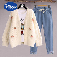 迪士尼（Disney）女童開(kāi)衫毛衣外套秋裝初高中學(xué)生套裝洋氣寬松少女裝學(xué)院風(fēng)兩件套 櫻桃杏色+牛仔褲 160 XS