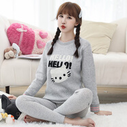 芬騰保暖內衣女套裝加絨加厚青少年純棉少女可愛(ài)中學(xué)生秋衣秋褲女秋冬 灰色KT貓 XL