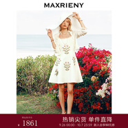 MAXRIENY【商場(chǎng)同款】華麗立體釘珠貼花連衣裙甜美領(lǐng)口釘鉆設(shè)計(jì) 米白 S 01/34