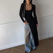 南啵丸秋季新款歐美U型領(lǐng)黑色修身個(gè)性開(kāi)叉長(cháng)袖連衣裙長(cháng)裙女DRE 黑色_圖 S