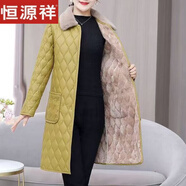 恒源祥秋冬新款女士皮衣外套中年老年中長(cháng)款加絨加厚媽M媽保暖棉襖百搭 米黃色長(cháng)款皮棉襖 2XL 建議110-120斤