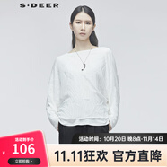 S.DEER圣迪奧春女裝時尚百搭寬松休閑直筒型文藝褶皺蝙蝠袖T恤S20180225 白色/90 L 170