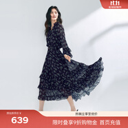 伊芙麗（eifini）【經(jīng)典延續(xù)】伊芙麗波點(diǎn)系帶木耳領(lǐng)蛋糕下擺百搭仙女連衣裙小黑裙 深藏青 S 80-105斤