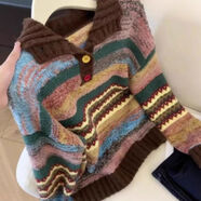 小紅書(shū)爆款春秋新款美拉德穿搭彩色條紋翻領(lǐng)毛衣開(kāi)衫女秋冬季慵懶 條紋毛衣 S