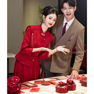 項格訂婚衣服女新中式旗袍冬裝紅色敬酒服新娘禮服結婚套裝回門(mén)便裝長(cháng) 酒紅色GR530 L