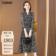 OEMG輕奢高端長袖連衣裙女裝2025新款春秋碎花裙寬松顯瘦休閑裙子 黑色-廣州十三行女裝連衣裙 L [建議106-115斤]