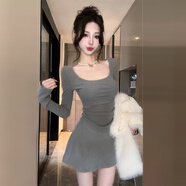 天啟世紀純欲辣妹性感針織連衣裙子女秋冬季2025打底內搭高腰包臀中裙 【灰色】【一套入冬穿搭配大衣內搭約會(huì )裙2025年新 S 40/45kg