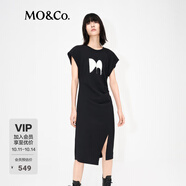 MO&Co.印花小飛袖高腰捏褶不規(guī)則開叉小眾氣質(zhì)連衣裙女摩安珂 黑色-第2批 XS 155