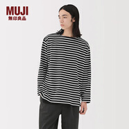 無(wú)印良品（MUJI）男式 水洗粗棉線(xiàn)一字領(lǐng)九分袖T恤男士長(cháng)袖打底衫條紋男款秋季男裝 黑色條紋 S （165/84A）