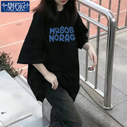 莫代爾冰絲短袖t恤女2025夏季新款寬松女裝韓版寬松ins中長(cháng)款上衣服潮流 黑色【MRSOS藍】短袖 2XL 建議150-170斤
