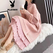 花花公子（PLAYBOY）加絨/不加絨大碼女裝毛衣裙秋冬季中長款過膝寬松針織打底衫裙子 粉色 【不加絨】官方旗艦版 M 【90-110斤】
