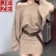JEZE韓系純色露肩寬松長(cháng)袖包臀裙女秋冬新款通勤顯瘦韓版針織連衣裙 卡其色單裙子 M 建議85-100斤