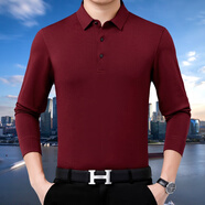 湘牧長(cháng)袖t恤男2025秋季翻領(lǐng)純色打底衫中年寬松休閑上衣 棗紅色 厚款 S
