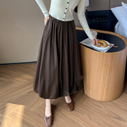 妹丫a字傘裙半身裙女2025秋冬松緊高腰燈籠皮裙遮胯pu皮中長裙子百搭 咖色 M