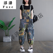 映棠歐貨個(gè)性印花牛仔背帶褲女夏季洋氣大碼遮肉吊帶連體褲休閑垮褲潮 藍色 M 【建議95-115斤】