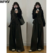 WFKV大碼女裝胖mm春秋新款時(shí)尚顯瘦毛呢馬甲+T恤+闊腿褲三件套裝女 馬甲+闊腿褲【兩件套】 3XL 【150-170斤】