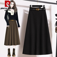 皮爾卡丹2025新款配腰帶毛呢半身裙女中長(cháng)款春秋冬季松緊高腰遮跨a字裙子 黑色 配送腰帶 3XL 建議136-145斤