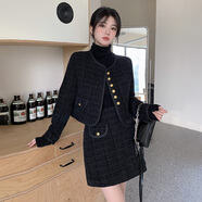 MDUG輕奢品牌氣質(zhì)小香風(fēng)黑色粗花呢外套套裝女秋冬大碼胖mm遮肉顯瘦短 黑色【甜美初戀超仙女/女神范/疏離感穿搭/微胖女生 M 【80-100斤】