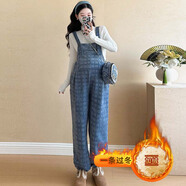依鎏衣品孕婦裝純棉背帶褲冬季加絨加厚寬松顯瘦吊帶束腳長(zhǎng)褲毛衣保暖套裝 藍(lán)色+毛衣/套裝0250# L建議115-130斤