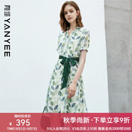 顏域印花連衣裙女士秋裝新款時(shí)尚減齡收腰顯瘦碎花裙子 綠色短袖 S/36