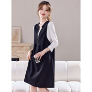 SATCHI2025新款早秋連衣裙感寬松遮肉中長(cháng)款拼色半拉鏈長(cháng)袖連衣裙女 黑色 M