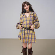 凱莉歐KEIKO 小眾覆古做舊感黃色格紋連衣裙秋冬氛圍感斜襟系帶襯衫裙子 土黃色 大地 贈腰帶 L