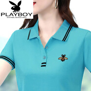花花公子（PLAYBOY）【好棉】短袖t恤女大尺碼夏季新款寬松翻領(lǐng)POLO.衫運動(dòng)體 578湖藍色蜜蜂POLO衫 XL 建議105-115斤