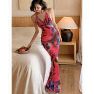 海島商店歐美風(fēng)性感度假透視印花罩衫大露背連衣裙長(cháng)裙 紅色印花現貨 S S