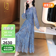 OLJ高檔品牌連衣裙女2025年夏秋新款復古圓領民族風印花桑蠶絲裙子 藍色 2XL [適合135-145]斤