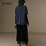 束皙SUSHE 絨馨 秋日氛圍感 定染多色羊駝毛珠飾蝙蝠袖套頭毛衣秋 黛波藍 S