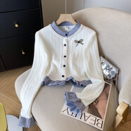 EDJCVTT學(xué)院風(fēng)假兩件蝴蝶結(jié)開(kāi)衫長(zhǎng)袖秋季麻花毛衣設(shè)計(jì)短款針織衫精致上衣 米白色假兩件上衣十蝴蝶結(jié)胸花 M 91斤一105斤