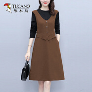 啄木鳥(niǎo)（TUCANO）2025秋冬新款假兩件長(cháng)袖裙大碼女裝氣質(zhì)顯瘦減齡連衣裙 棕色(薄款) M 85-100斤