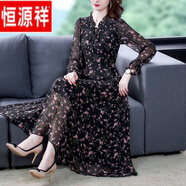 恒源祥連衣裙女冰絲雪紡裙子新款2025年春夏裝長(zhǎng)袖碎花連衣裙大尺碼減 黑色長(zhǎng)/袖 XL 【建議105--120斤】
