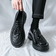絳天（jiangtian）青年男士鱷魚(yú)紋樂(lè )福男鞋新款商務(wù)休閑皮鞋英倫流蘇一腳蹬豆豆鞋 68811黑色 38