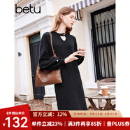 百圖betu女裝冬季新款連衣裙圓領慵懶風針織連衣裙女2311T69 黑色 M