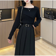熒蒂針織衫連衣裙女秋冬季穿搭一整套2025新款一字肩毛衣半身裙套裝女 黑色毛衣+黑色半身裙【套裝】 M