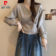 皮爾卡丹（pierre cardin）V領(lǐng)打底衫長(cháng)袖上衣女秋季2025新款高腰高級內搭衛衣T恤搭配工裝褲 奶灰【優(yōu)質(zhì)版】【秋裝2025新款/ M 【建議95斤-110斤】