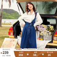 兩三事復古牛仔背帶裙女2025春季新款冬季新款牛仔裙半身裙裙子一人相伴 牛仔藍預售 S