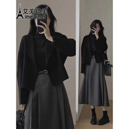 艾美琦美（AIMEIQIMEI）小香風(fēng)連衣裙套裝女秋季2025新款大碼女裝氣質(zhì)顯瘦毛呢三件套冬季 7462黑色外套 XL [建議120-140斤]