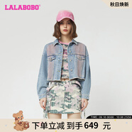 LALABOBO春秋新款腮紅毛邊牛仔短外套女辣妹小個(gè)子拼接夾克LBDC-WSJW15 中藍(lán)白 常規(guī) M