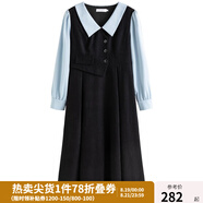 獨(dú)束大碼女裝假兩件撞色襯衫領(lǐng)連衣裙女秋冬微胖mm文藝復(fù)古穿搭裙子 墨染黑【適合160左右】 L