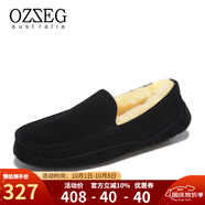 OZZEG澳洲豆豆鞋男士冬季休閑棉鞋保暖加絨羊皮毛一體磨砂駕車(chē)真皮鞋 黑色 39