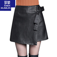 羅蒙（ROMON）闊腿皮褲裙女2025秋冬季新款女裝大1碼顯瘦高腰A字水洗PU皮短裙褲 黑色 M 2尺/27碼