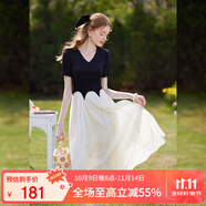 白鹿語V領(lǐng)撞色拼接連衣裙2025夏季新款氣質(zhì)通勤名媛風(fēng)長(zhǎng)裙 黑拼杏  L 