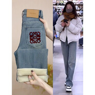 以純（YISHion）大碼窄版闊腿加絨牛仔褲女夏季2025新款胖mm寬松高腰顯瘦直筒褲子 淺藍色加絨 加厚 XL 建議118-128斤
