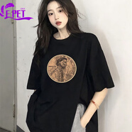 EPET開叉短袖T恤女夏季2025夏季新款洋氣設計感小眾寬松黑色上衣潮ins 黑色【132】人民頭 S 65斤-85斤