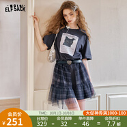 妖精的口袋原創(chuàng  )貓咪印花格紋網(wǎng)紗連衣裙女2025夏季新款設計感裙子 俏皮灰色 M