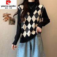皮爾卡丹（pierre cardin）大碼女裝假兩件半高領(lǐng)毛衣女秋冬新款小眾顯瘦黑白菱格針織打底衫 黑色 【旗艦店品質(zhì)】 S 【88-108斤】