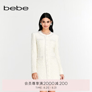 bebe春夏新款女士小香千金風(fēng)珍珠鉆扣長(zhǎng)袖圓領(lǐng)連衣裙150009 白金 S