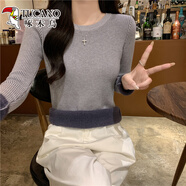 啄木鳥2025春秋新款圓領(lǐng)薄毛衣女式內(nèi)衣初秋韓國修身長袖底褲毛衣上衣 灰色- 加絨 均碼 高彈力 70-130斤